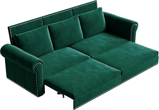 Eafurn 93.7 King Size Pull Out Sofa Bed 3-in-1 Convertible Sleeper Sofa Couch Bed with Nailhead Decor and Rolled Arms Velvet Oversized Chesterfield Loveseat Chaise Lounge