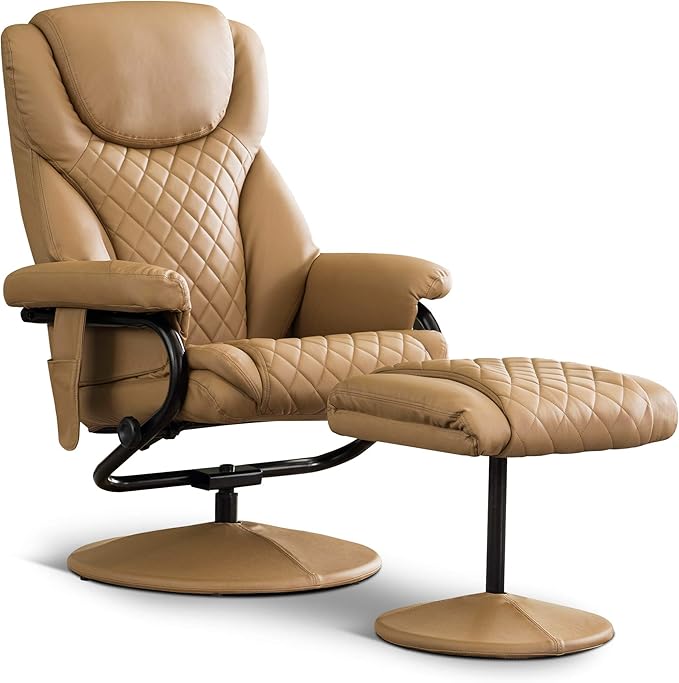 MCombo Recliner with Ottoman Reclining Chair with Massage 360 Swivel Living Room Chair Faux Leather 4901 (Cognac)