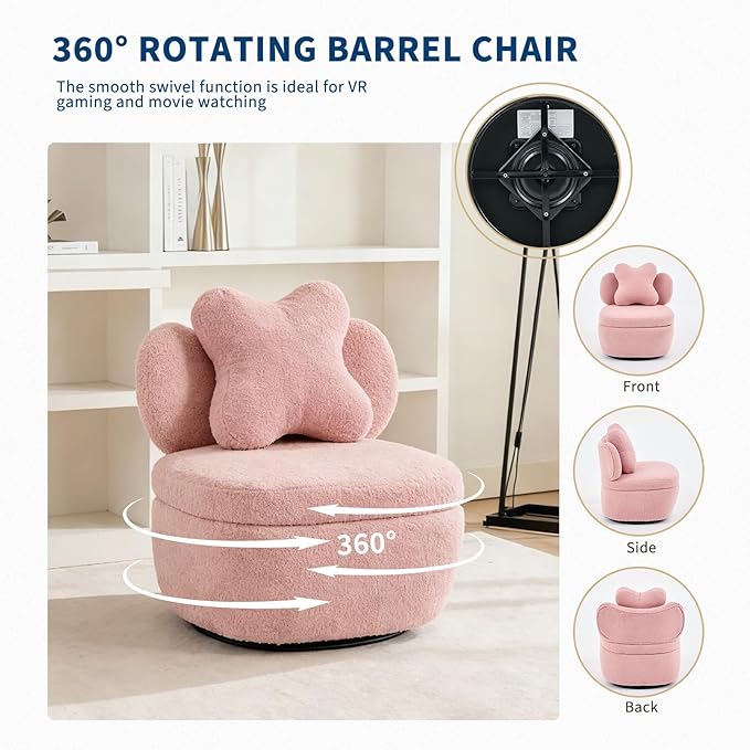 GarveeHome Teddy Velvet Swivel Accent Chair with Storage 360° Rotating Barrel Chair with Star Pillow Upholstered Comfy Single Sofa Chair for Living Room Bedroom Small Spaces Pink