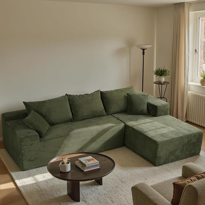 103 L Shaped Sectional Boneless Couch for Living Room Modern Modular Cloud Sofa with Right Facing Chaise Comfy Deep Seat Memory Foam Couch in Box No Assembly (1CM Wide Striped Corduroy Green)