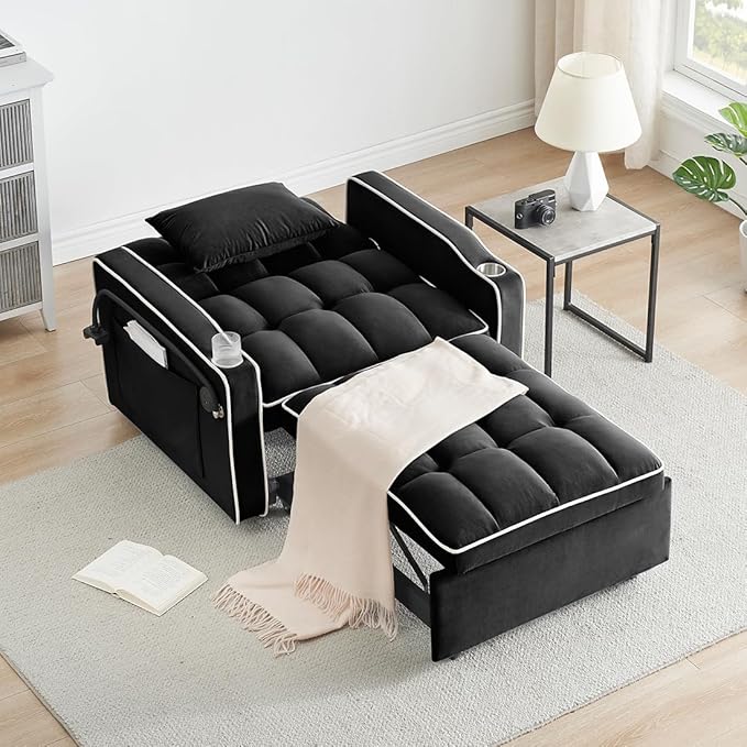 3 in 1 Convertible Sleeper Chair Modern Pull Out Couch Bed Single Recliner with Adjustable Back Velvet Futon Folding Sofa Bed Chair for Living Room Bedroom Small Spaces (Black-2)