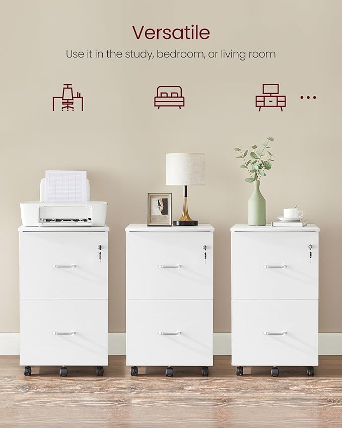 VASAGLE 2-Drawer File Cabinet Locking Filing Cabinet for Home Office Small Rolling Printer Stand A4 Letter-Size Hanging Files Assembly Required Snow White ULCD027T46V2