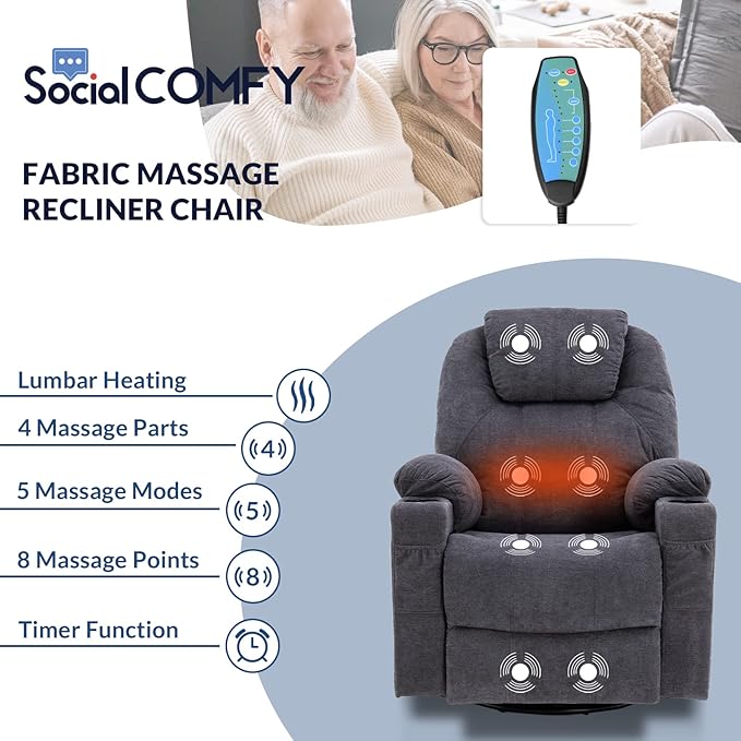 Manual Swivel Rocker Recliner Chair with Heated Massage Ergonomic Lounge 360° Glider Rocking Fabric Lounge Chair Sofa Seat with 2 Cup Holders Side Pockets &amp USB Ports for Living Room Grey