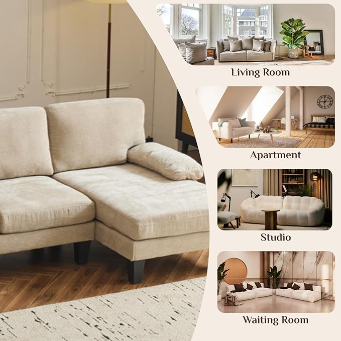 Karl home 111 Sectional Sofa U-Shaped 4-Seat Couch with Chaises Wood Grian Legs Chenille Fabric Upholstered for Living Room Apartment Office Khaki
