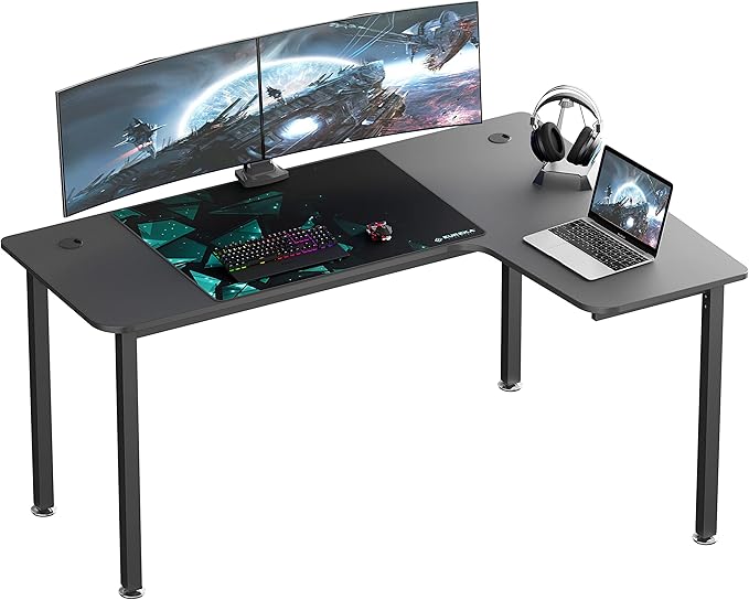 EUREKA ERGONOMIC 60 Inch Black Corner L Shaped Computer Desk Home Office Gaming Study Work Writing Table Long Large Sturdy Workstation Simple Modern with Metal Legs Right Side