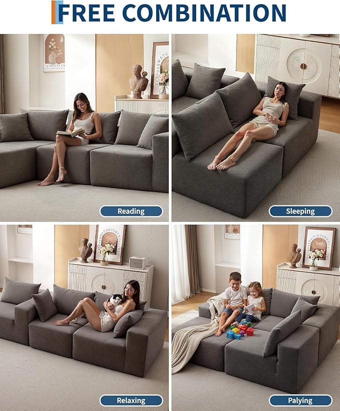 GarveeLife 108” Modular Sectional Sofa Cloud Sectional Couch with L-Shape Chaise Modern Modular Deep Seat Sofa Couch Upholstered Boneless Couches for Living Room Bedroom Left Facing Chaise Grey