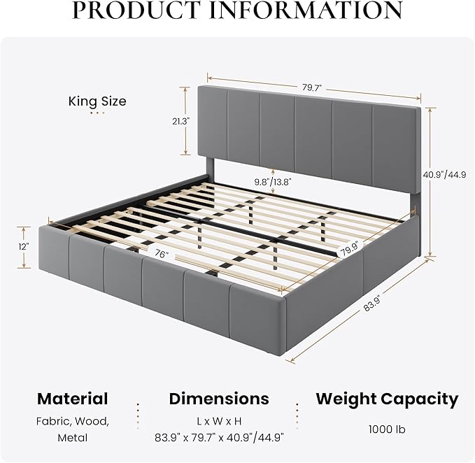 SHA CERLIN King Size Bed Frame Velvet Upholstered Platform Bed Vertical Channel Tufted Adjustable Headboard Low Profile Bed Frame No Box Spring Needed Easy Assembly Grey