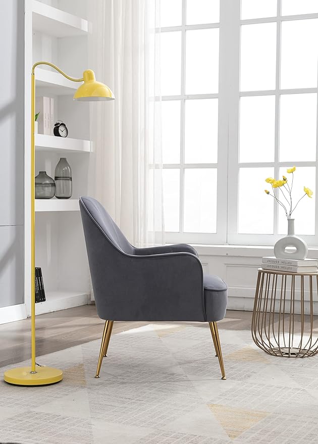 Modern Ergonomics Soft Velvet Fabric Material Accent Chair with Gold Legs and Adjustable Feet Screws for Indoor Home Living RoomGray