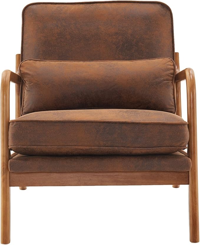 i-POOK Accent Chair Mid-Century Linen Fabric Upholstered Armchair with Pillow and Back Cushion Comfy Single Sofa Chair with Solid Wood Legs Reading Chair for Living Room Bedroom Office Orange