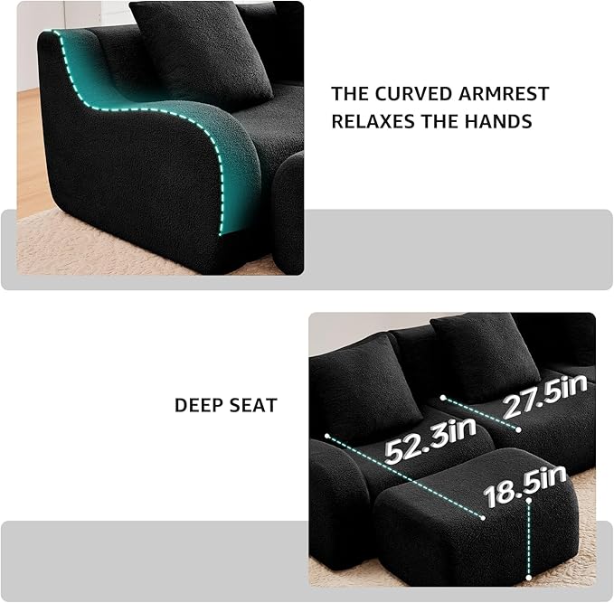 Black 3-Seater Cloud Couch Modern Teddy Fabric Boneless Sectional Sofa in a Box for Living Room Modular Floor Couch Deep Seat No Assembly Required Sofas para Sala
