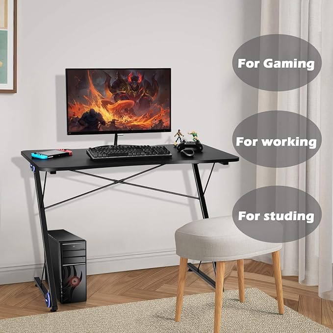 POWERSTONE Gaming Desk with Led Light - Z Shaped 43.5 inch Gaming Computer Desk Pc Gaming Table Home Office Desk Gamer Workstation with Carbon Fiber Surface