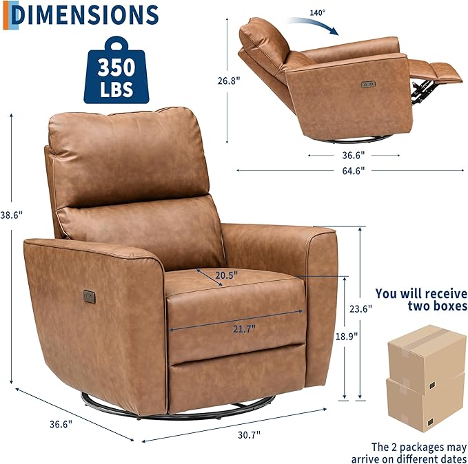 GarveeHome Power Recliner Chair 270° Swivel Rocking Glider with USB Charging Port PU Leather Upholstered Fabric Ergonomic Modern Nursery Chair for Living Room Bedroom Nursery (Brown)