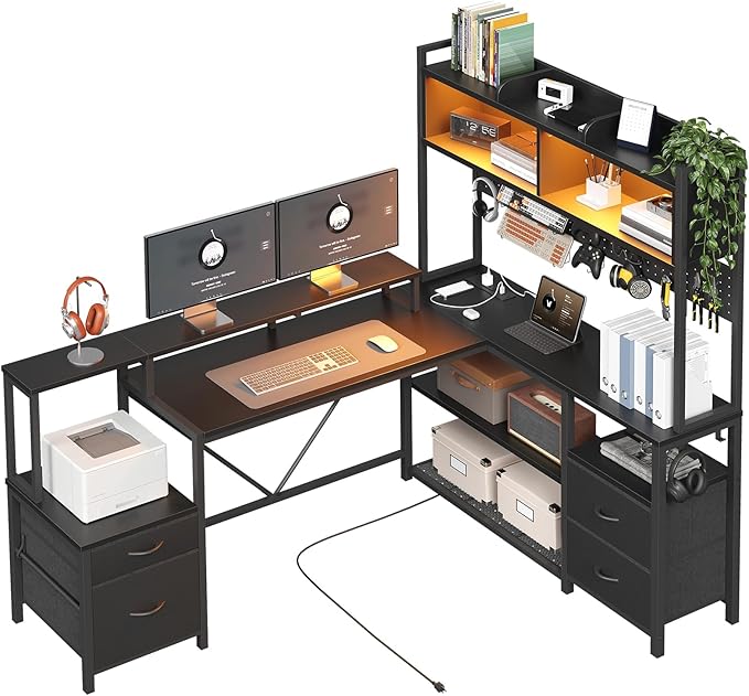 75inch L Shaped Computer Desk with Drawers Large Gaming Desk with LED Light &amp Power Outlets Corner Computer Desk with Storage Shelves &amp Monitor Stand for Home Office Black