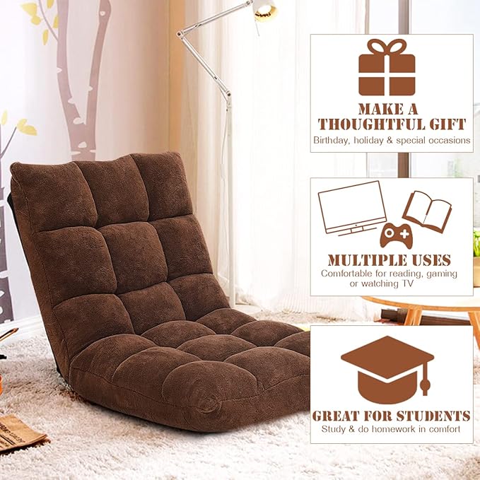 KOMFOTT 14-Position Adjustable Floor Chair With Back Support Folding Padded Gaming Sofa for Reading Meditation Living Room Lazy Lounge Video Gaming - Coffee