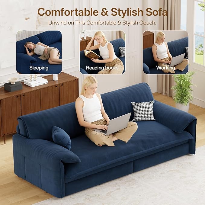 66 Queen Pull Out Couch BedVelvet 3-in-1 Queen-Size Sleeper SofaConvertible Pull-Out Sofa Bed with Side PocketsSleeper Loveseat for Living RoomApartment Offices (Blue)