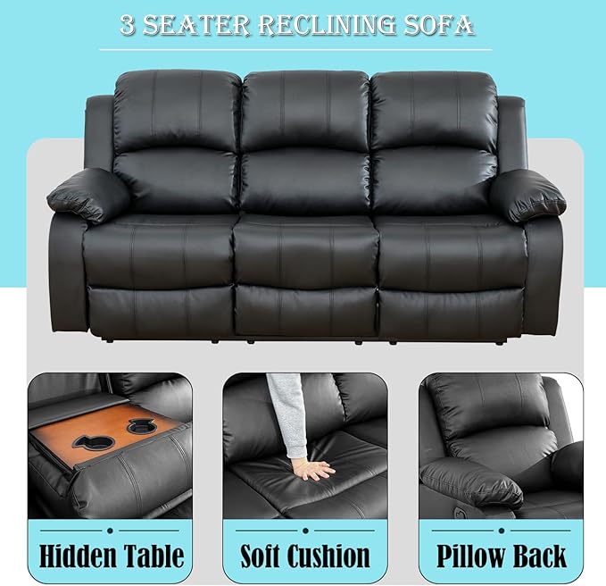 Leather Recliner SofaReclining Sofa for Living Room Furniture SetsBlack Wall Hugger Recliner Couch with Cupholder for Living Room/Office/Theater Seating(3 Seater Sofa)