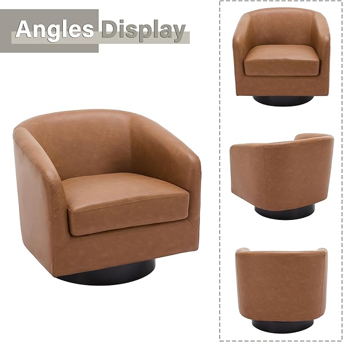 Lumibee Faux Leather Swivel Barrel Chairs Upholstered Comfy Round Swivel Accent Chair 360° Rotation Single Sofa Club Armchair for Living Room Reading Room Bedroom Brown