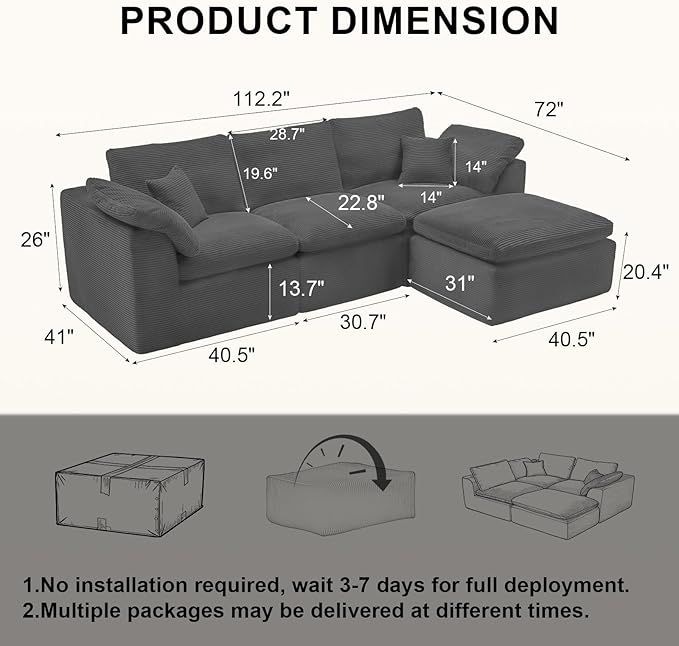 112 Cloud Sectional Couch Boneless Couches for Living Room L Shaped Couch with Convertible Ottoman Modular Sectional Sofa with Deep Seat Comfy Soft Cushions No Assembly Darkgray