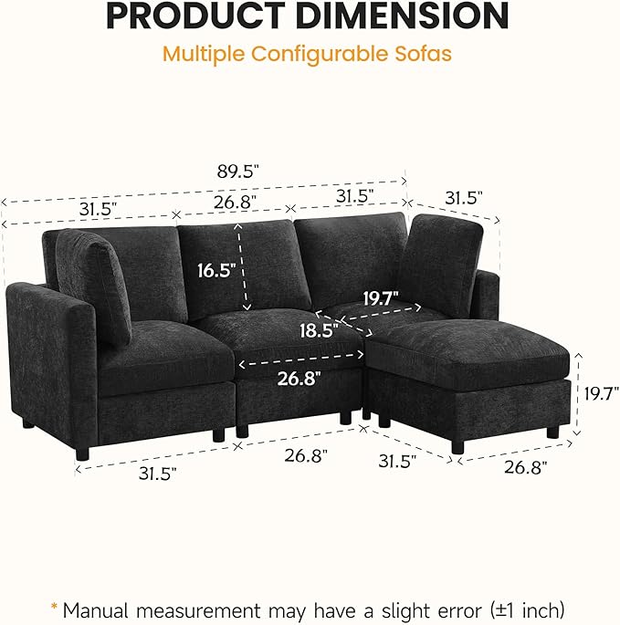 89'' 3-Seater Modular Sectional Cloud Sofa with Ottoman L-Shaped Couch for Living Room Modern Convertible Deep Seats Sofa Chenille Dark Grey