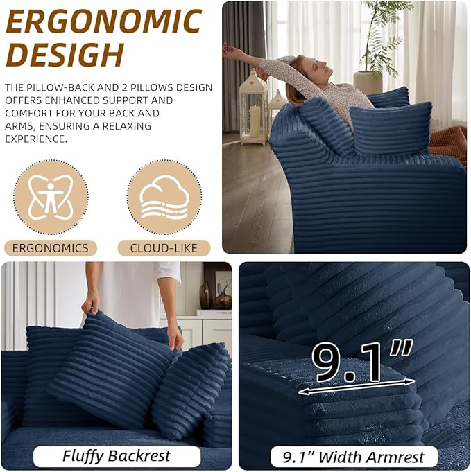 Oversized Chaise Lounge Chair Indoor Bedroom Comfy Corduroy Upholstered Sofa Bed Chair Deep Seat Single Sofa Couch No Assembly Required Sleeper Chair Couch for Living Room (Dark Blue)