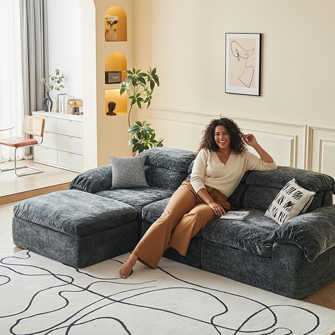 115.7 L Shaped Modular Sectional Sofa with Ottoman Cloud Boneless Couch Upholstered Sofa in a Box Flexible Module Combination for Living Room No Assembly Grey