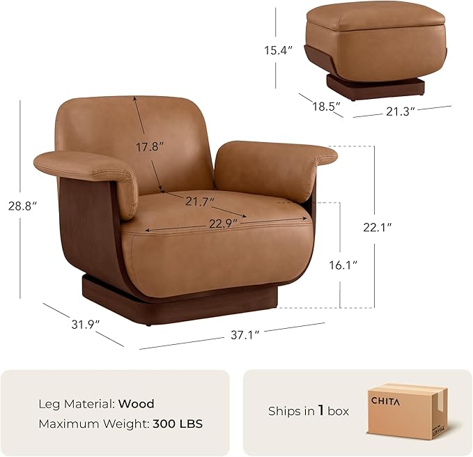CHITA Genuine Leather Swivel Chair with Storage Ottoman Modern Living Room Accent Chair with Lounge Seat for Bedroom Office Saddle