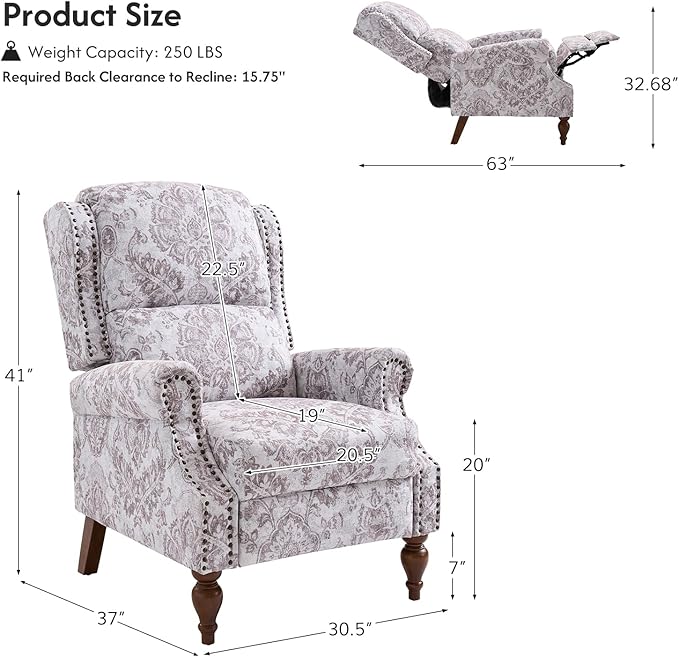 Pushback Recliner Chair Upholstered Floral Fabric Wingback Chair Single Sofa Accent Chair with Lumbar Support and Rivet Decoration for Living Room Bedroom Beige Floral