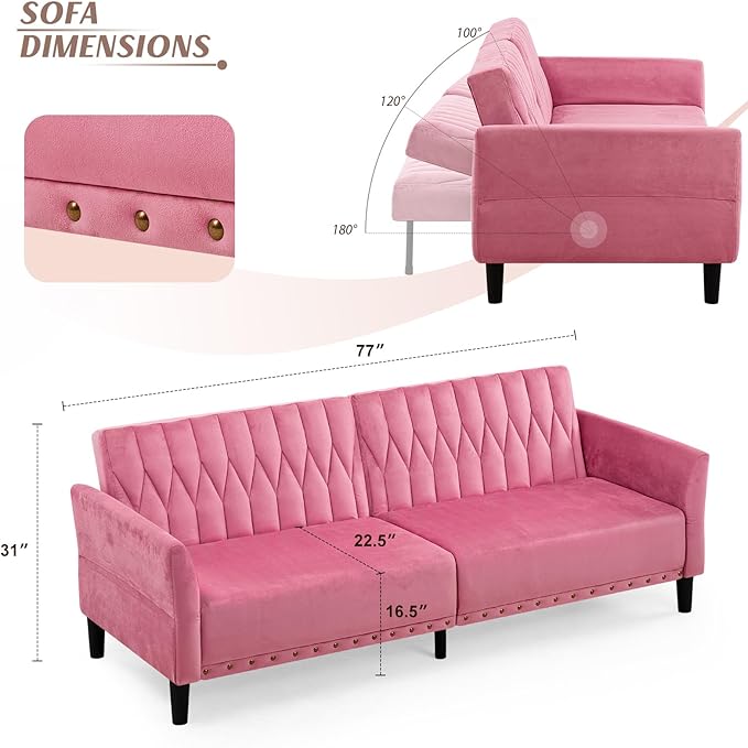 77” Velvet Sofa Bed with Adjustable Armrests and BackrestsTufted Convertible Futon Couch with Nailhead Trim Loveseat Modern Velvet Sleeper Sofa for Living RoomBedroomOfficePink