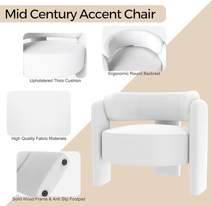 NOBPEINT Mid Century Modern Accent Barrel Chair Round Upholstered Leisure Armchair with Open Back for Living Room Bedroom Apartment White