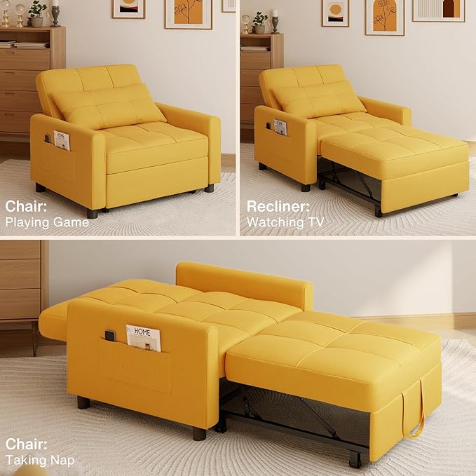 Aiho Convertible Sleeper Sofa Chair Bed 3-in-1 Adjustable with Pillow &amp Pocket - Multi-Functional in Modern Linen Fabric for Apartment Yellow