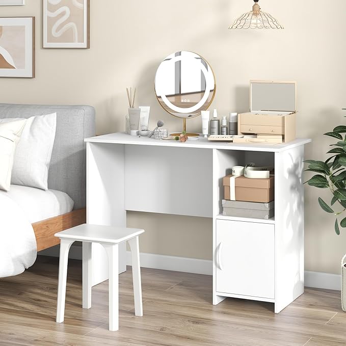 Giantex Small Computer Desk White Desk with Storage Cabinet &amp Shelf Compact PC Laptop Table Workstation Makeup Vanity Table Modern Study Writing Desk for Small Space Bedroom Home Office