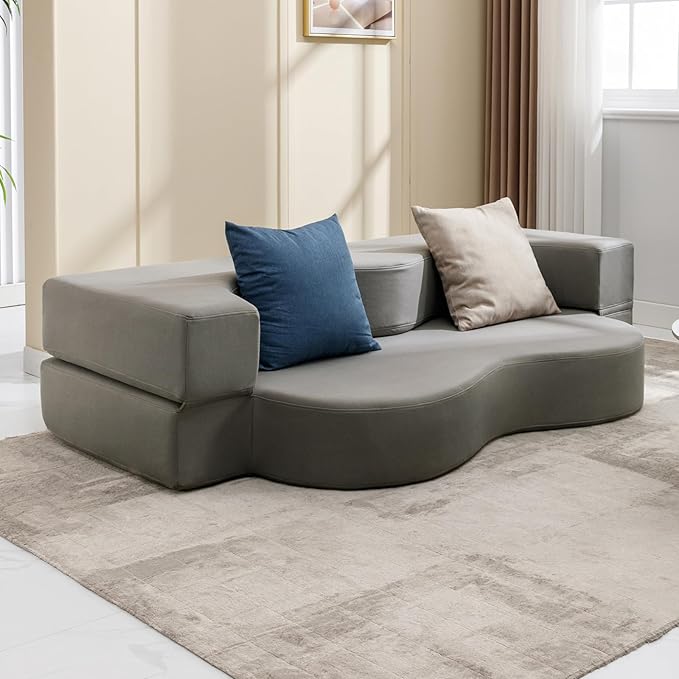 Mjkone 78 Width Queen Size Floor Sofa Bed Fold Out Couch with Memory Foam Matress Stylishly Upholstered Convertible Futon Sleeper Bed with Washable Cover for Living Room Guest Room Light Gray