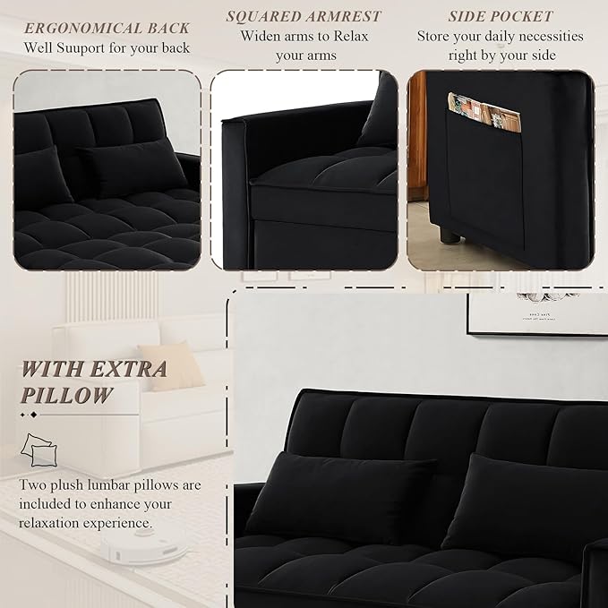 3 in 1 Convertible Sleeper Sofa Bed Futon Couches for Living Room with Side Pocket/Adjustable Backrest Velvet Upholstered Pull Out Couch Small Loveseat Sofa Bed for Bedroom Office Small Spaces
