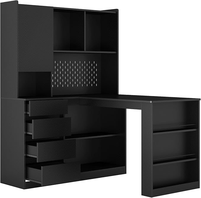L Shaped DeskComputer Desk with DrawersBookshelf Hutchwith LED LightModern Corner DeskHome Office DeskL Shaped Study Table Writing DeskCorner Gaming Computer Desk with Storage