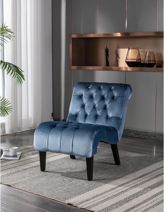 Modern Velvet Armless Accent Living Room Chair/Leisure Chair Upholstered Fabric Button Comfortable Chair with Wooden Legs for Bedroom Living Room Office (Light Blue Velvet)
