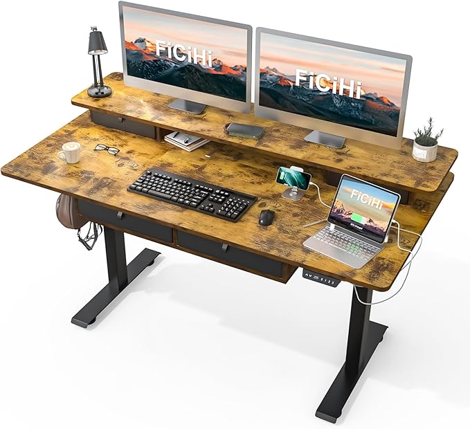 FiCiHi Adjustable Height Standing Desk with 4 Drawers63 x 30 inches Electric Sit Stand Home Office Desk with Two Tiers 3 Memory Presets Monitor Stand Riser USB A/C Charging Port