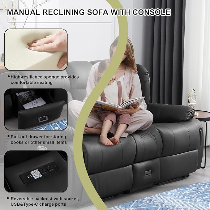 72.8 Manual Reclining Loveseat Sofa - Wall Hugger Double Loveseat Recliner with Console Fold-Down Table and Built-in Outlets Manual Recliner Chair for Living Room RVs Home Theater (Black)