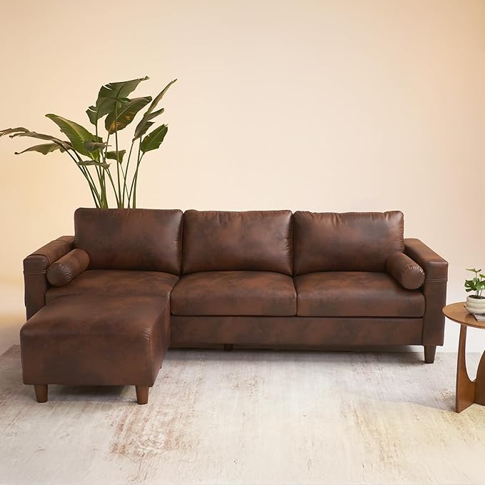 Vesgantti 100 L Shaped Faux Leather Couch with Movable Ottoman 3 Seater PU Leather Sectional Sofa with Side Pocket Mid Century Modern Modular Couch for Living Room Bedroom Chocolate