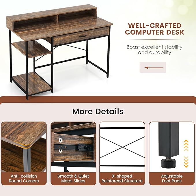 Tangkula Computer Desk with Storage Drawer &amp Monitor Stand 48” Home Office Writing Desk with 2 Open Shelves &amp Compartments Computer Workstation Writing Study Desk with Metal Frame (Rustic Br