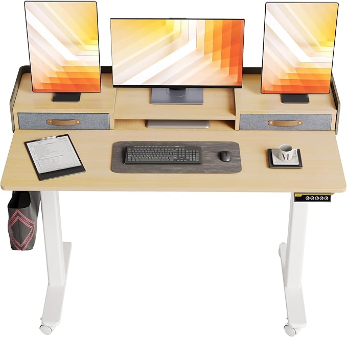 Claiks Standing Desk with Drawers Stand Up Electric Standing Desk Adjustable Height Sit Stand Desk with Storage Shelf and Splice Board 55 Inch Natural