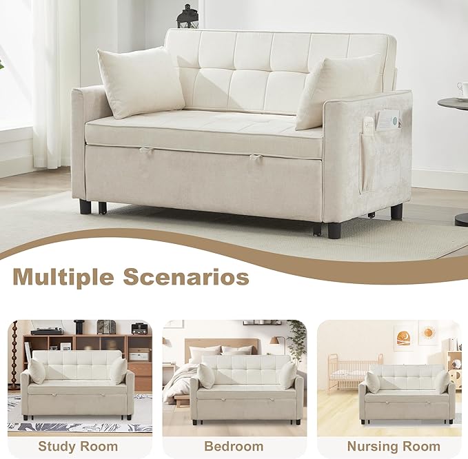 Tbfit 57 Convertible Sofa Bed Chenille Futon Sleeper Sofa Couch with Pullout Bed USB &amp Adjustable Backrest Full Size Pull Out Loveseat Couches for Living Room Apartment Office Dorm Beige
