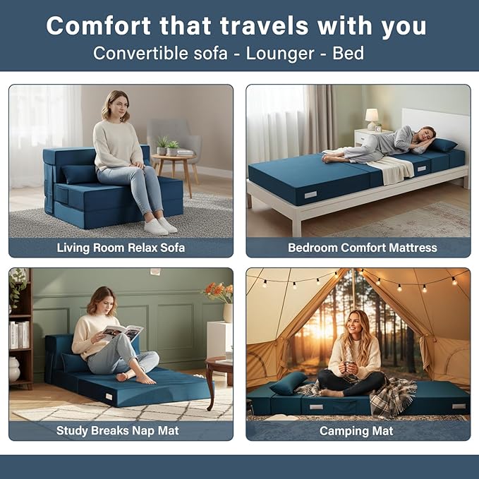 Tiita Folding Sofa Bed Couch Twin Size Foldable Futon Chair with Pillow Folding Sleeper Sofa Chair Bed Floor Mattress for Guest Room Living Room Blue
