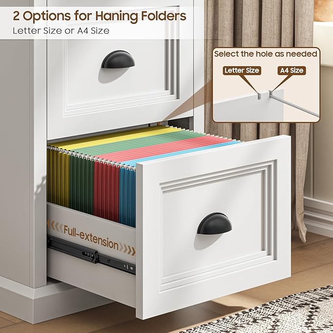Vertical File Cabinet Filing Cabinet with 2 File Drawers Farmhouse Small File Cabinet Fits Letter/A4 Size Wooden Printer Stand Under Desk Cabinets for Home Office White and Black