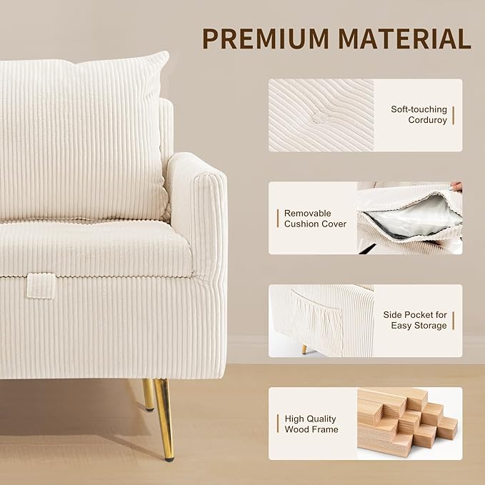 Furnimart Beige Mid-Century Modern Corduroy Storage Accent Chair with Arm 1-Seater Built-in Storage Reading Chair for Bedroom Living Room Apartment