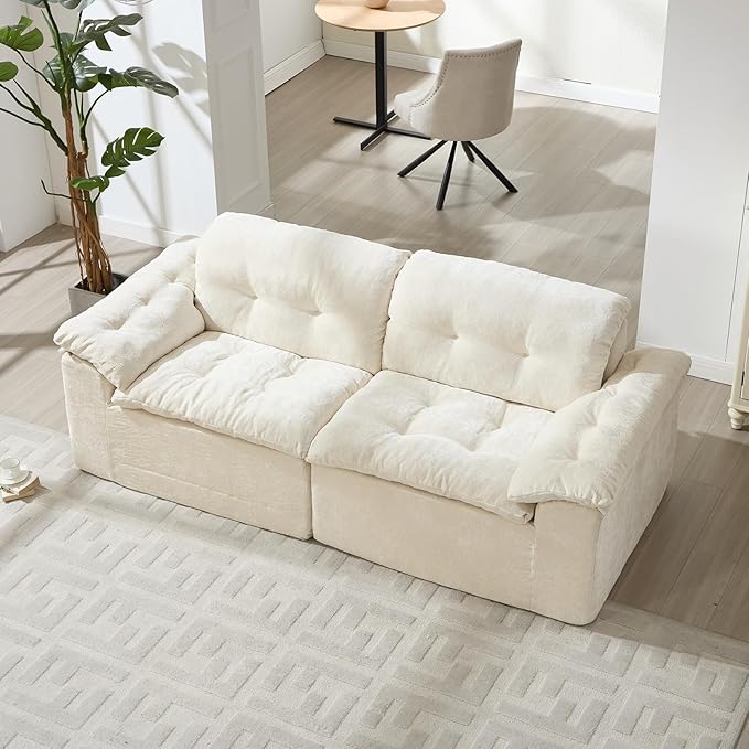 157 Cloud Sectional Couch Deep Seat Boneless Sofa for Living Room with U-Shaped Chaise Comfy Chenille Modular Sofa No Assembly Required (Beige 79” Loveseat)