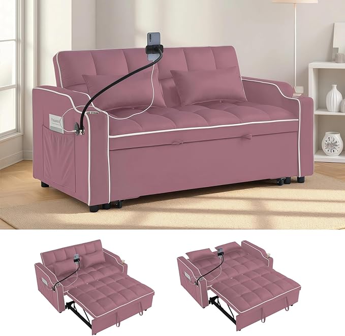 Loveseat Pull Out Couch 3 in 1 Convertible Sofa Bed Adjustable Backrest with Phone Holder Side Pocket &amp USB Port Modern Sofa for Living Room Bedroom Apartment (Pink)