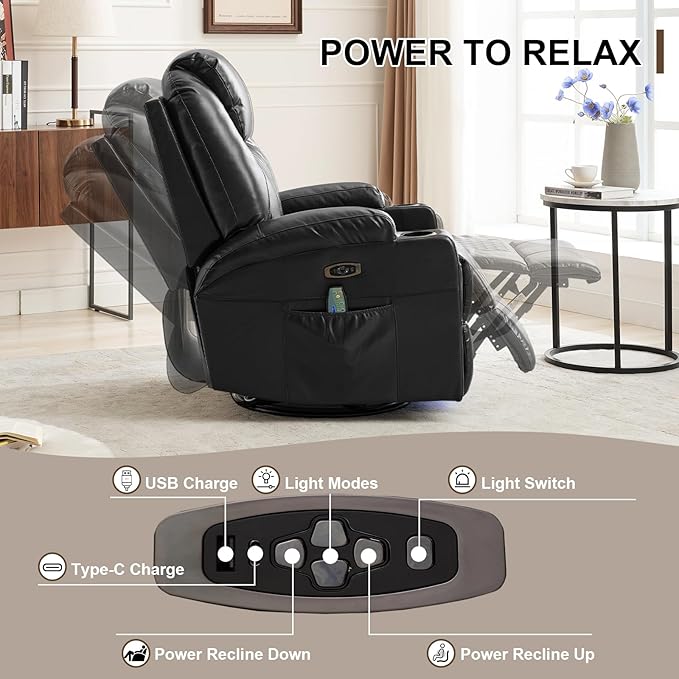 Power Swivel Rocker Recliner Chair for Adults with Heat and Massage LED Lights USB-A and USB-C Ports Electric Glider Recliner Nursery Chair for Living Room (Black Set of 2)
