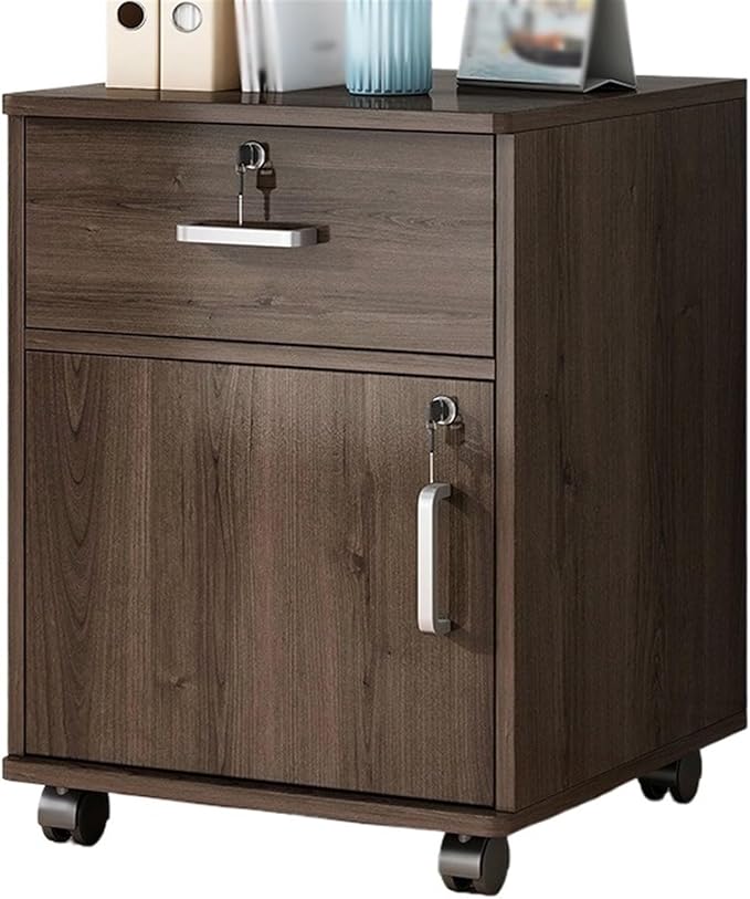 File Cabinet Office Filing CabinetWooden One Drawer with One Door Storage CabinetFiling CabinetWith Lock StorageWheel Slide Small Side Cabinet Archive Cabinet(Color:Bruin)