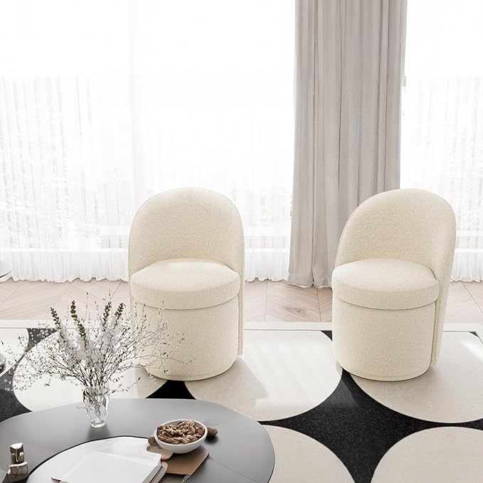 Rowill 360 Degree Swivel Vanity Chair with Back Modern Round Upholstered Accent Chairs Boucle Fabric for Living Room Reading Nook Makeup &amp Vanity Chair Easy Assembly White