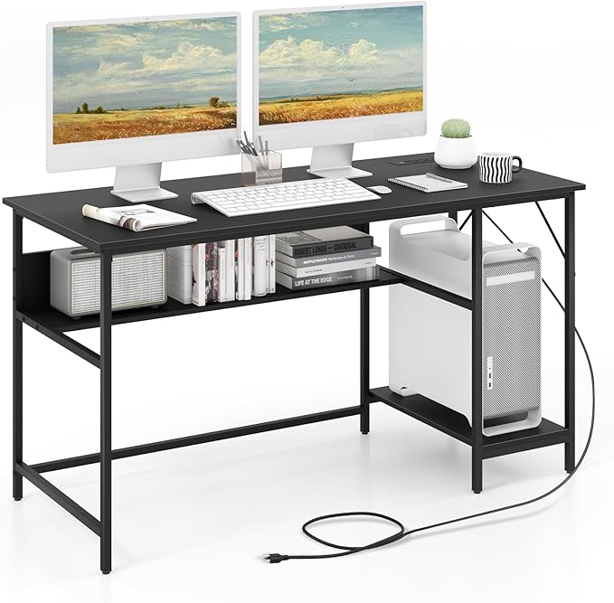 Tangkula 55 Inch Computer Desk with Power Outlets &amp USB Ports Home Office Desk with Built in Charging Station with Switch Computer Workstation Writing Study Desk with Storage Shelf &amp CPU Sta